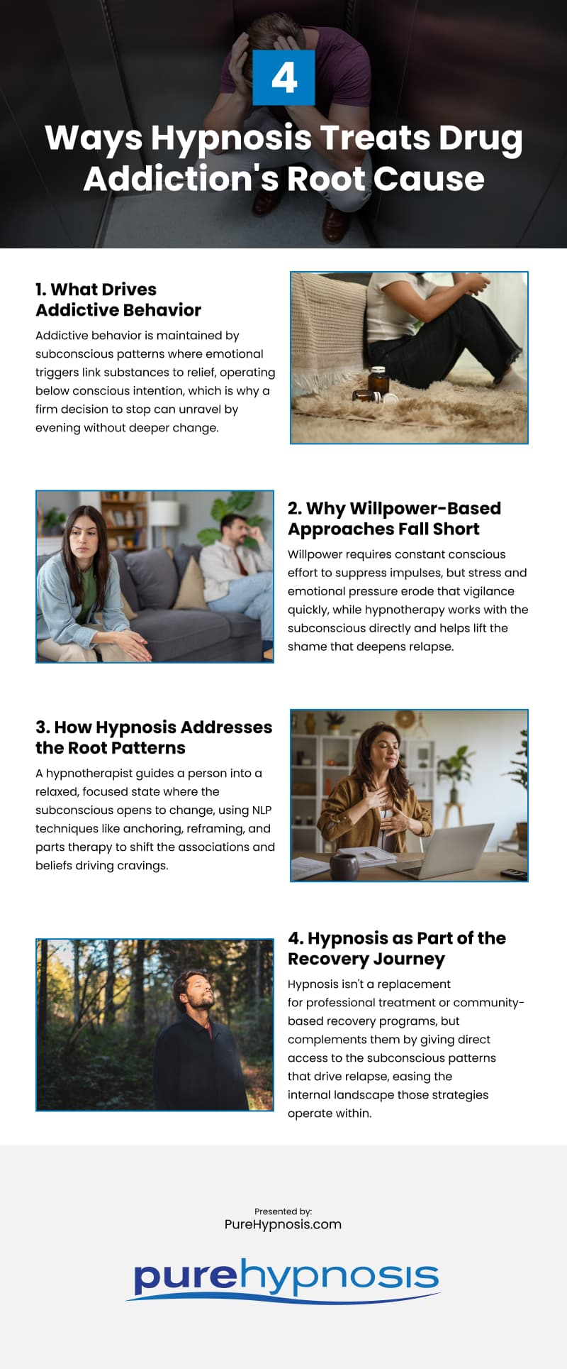 4 Ways Hypnosis Treats Drug Addiction's Root Cause Infographic